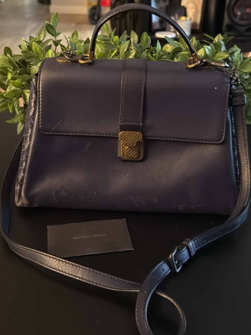 Bottega Veneta Navy Leather Top-Handle Satchel with Gold Hardware